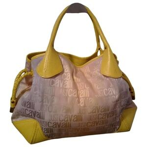 Vintage Just Cavalli Yellow and Cream Monogram Leather & Satiny Cloth Logo Bag